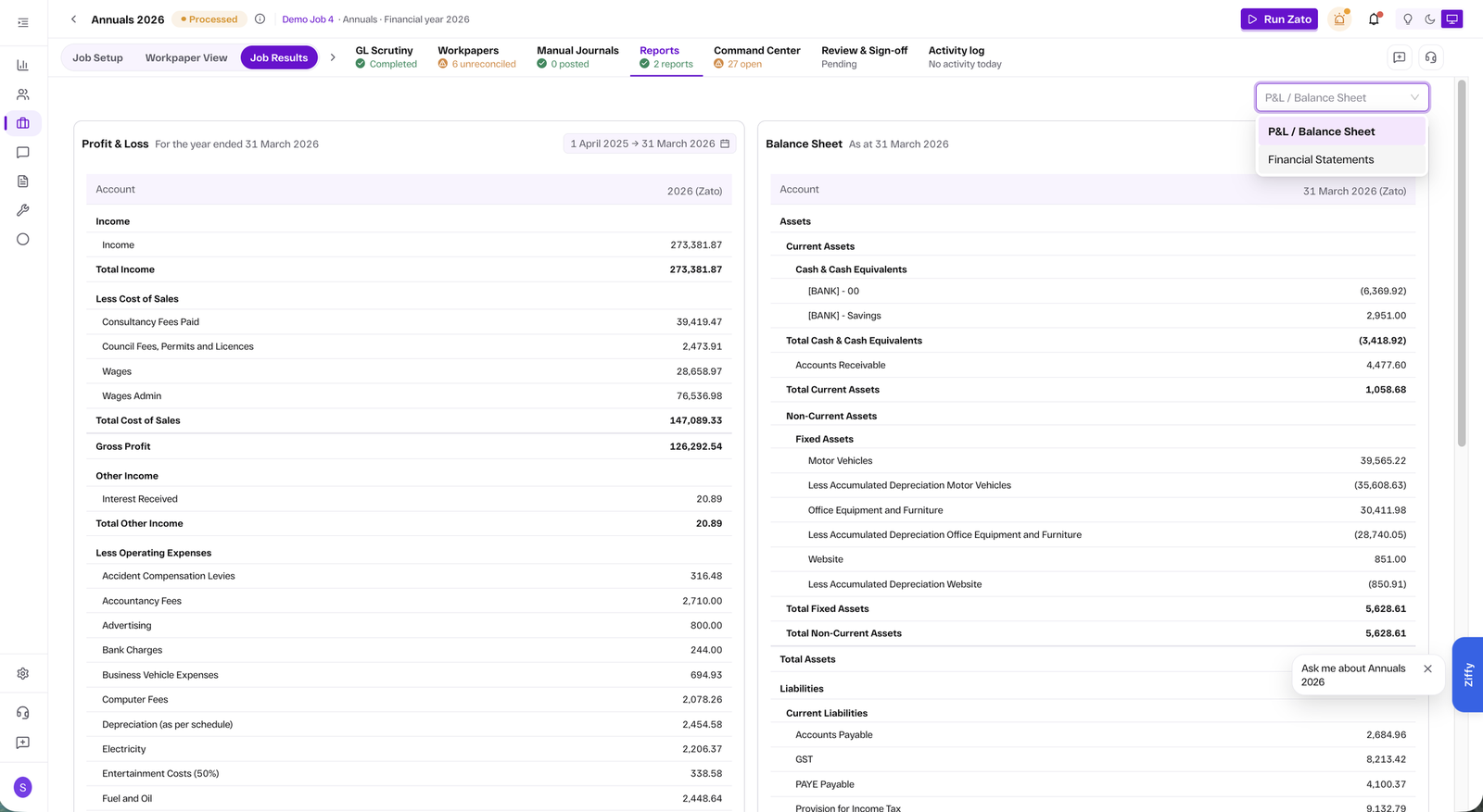Zato reports view showing profit and loss alongside balance sheet produced from the job