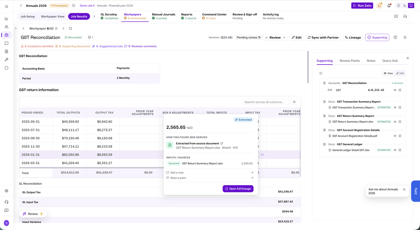 GST reconciliation in Zato with a figure expanded to show how it was derived, the source document, sheet and cell it was extracted from, and the supporting documents panel